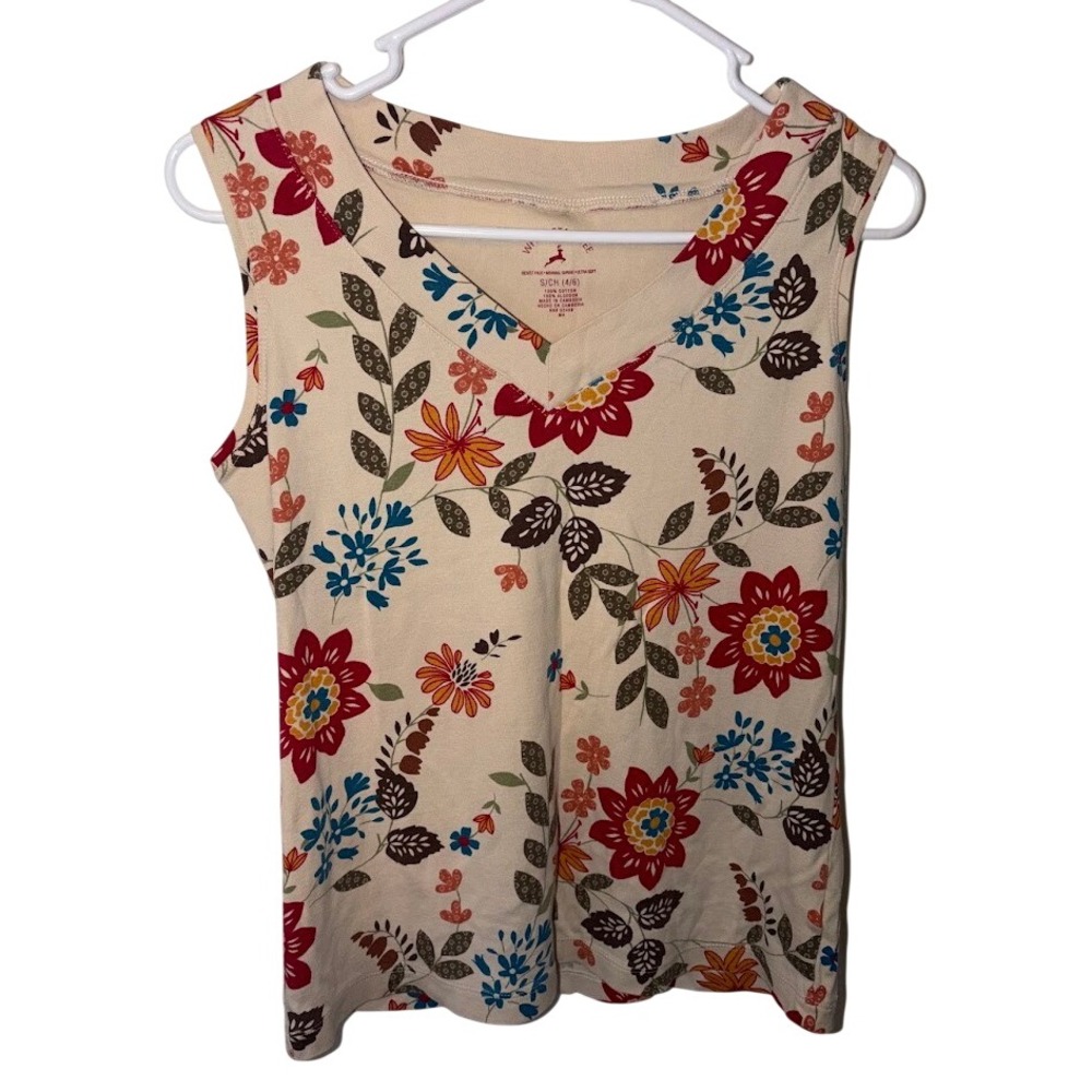 White Stag Floral Sleeveless Tee V-Neck Cotton Tank Top Cream Red Blue S 4/6